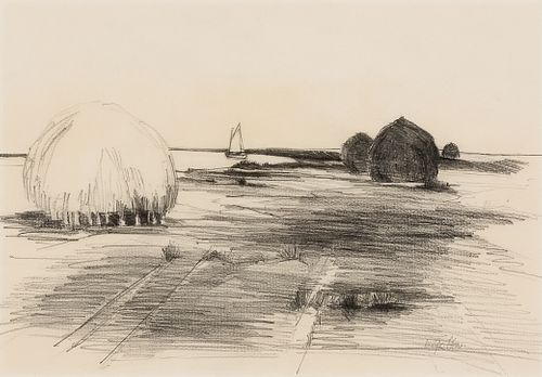 Bill Griffin (Am. 20th Century), Haystacks, Newburyport Marshes, Pencil on paper, framed under glass