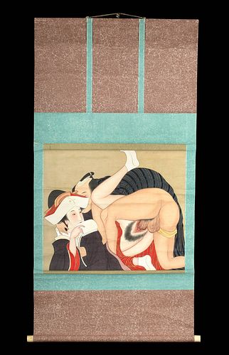 Japanese Meiji Shunga Painting on Hanging Scroll