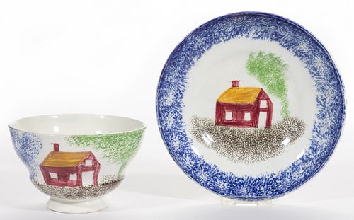 ENGLISH SPATTERWARE SCHOOLHOUSE CERAMIC CUP AND SAUCER SET