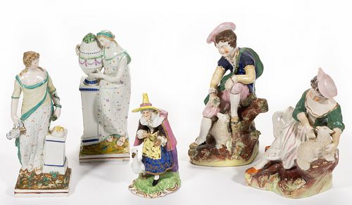 ENGLISH HAND-PAINTED CERAMIC FIGURES, LOT OF FIVE