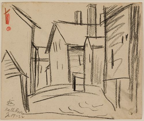 Oscar Bleumner (Am. 1867-1938), "Fall River" 1922, Pencil on paper, framed under glass