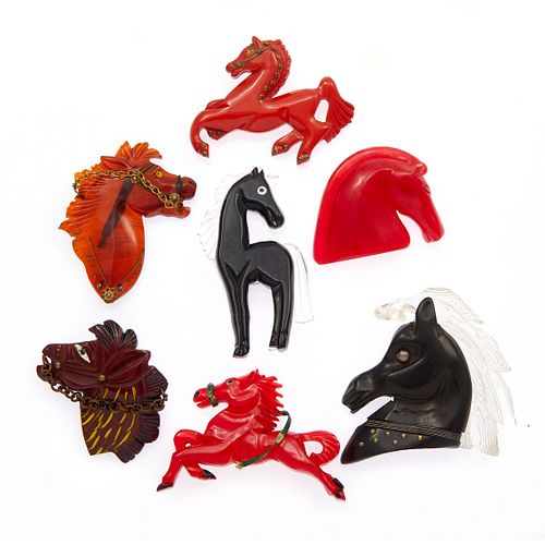 Group of Seven Bakelite, Wood, Acrylic Horse Pins