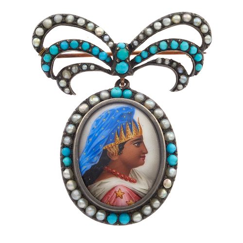 Edwardian Portrait Miniature, Turquoise, Seed Pearl Pin