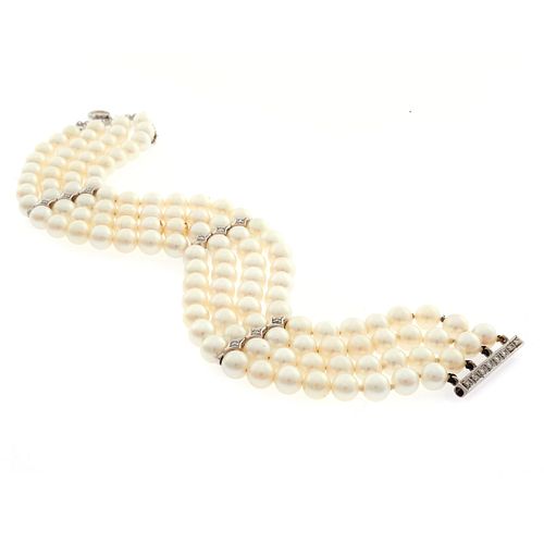 Diamond, Cultured Pearl, 14k White Gold Bracelet