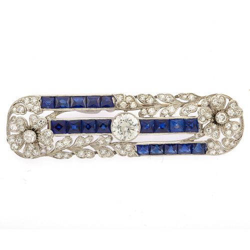 Art Deco Diamond, Sapphire, Platinum Bar Pin