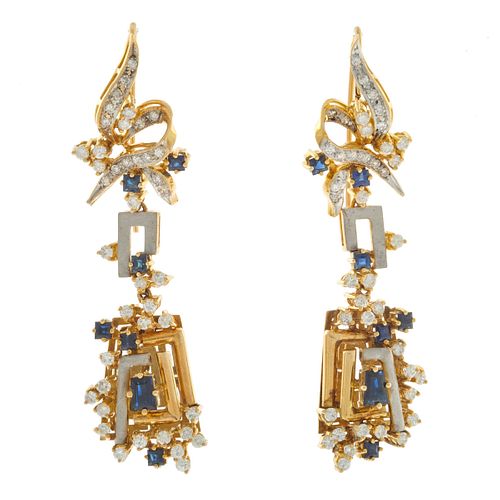 Pair of Diamond, Sapphire, Enamel, 14k Earrings