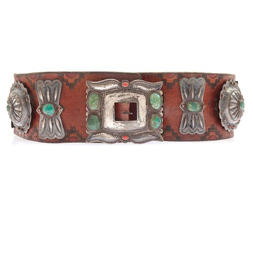 Turquoise, Coral, Sterling Silver, Leather Concho Belt
