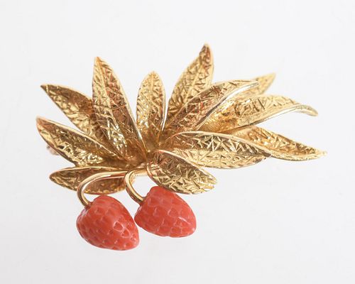 An 18k Gold and Coral Strawberry Pin