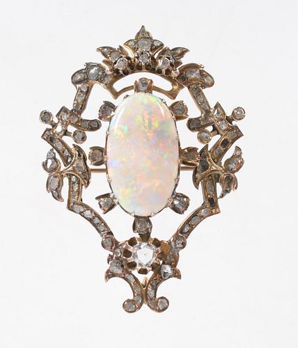 An Antique 10k Gold, Opal and Diamond Pin