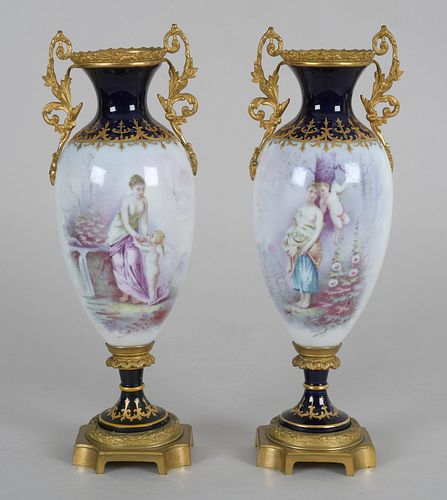 Pair of Sevres Style Porcelain & Gilt Bronze Urns