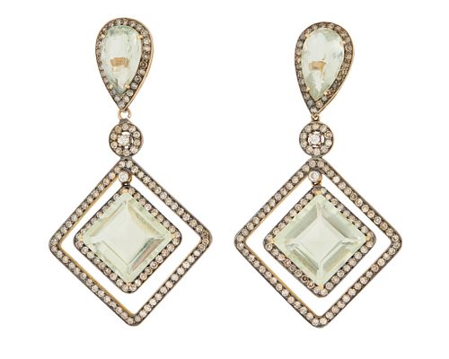 A pair of diamond and green quartz ear pendants