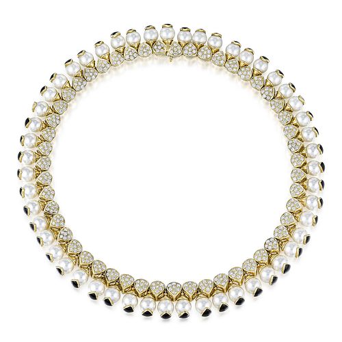 Pearl Diamond and Onyx Gold Necklace