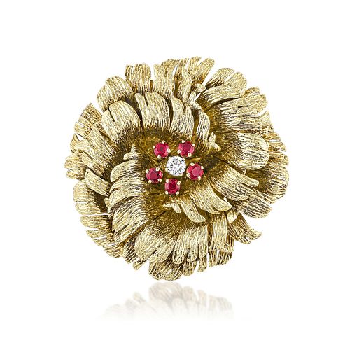 Van Cleef & Arpels Vintage Ruby and Diamond Flower Brooch