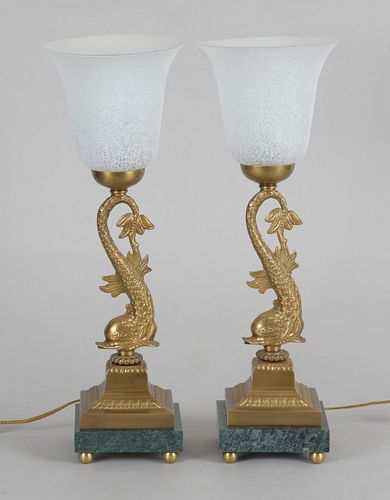 Pair of Bronze and Marble Dolphin Table Lamps