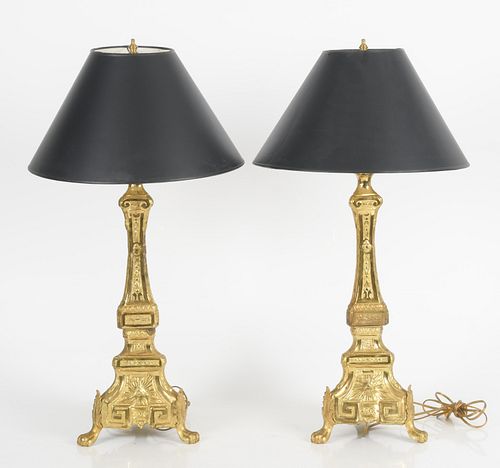Pair of Baroque Style Stamped Brass Lamps
