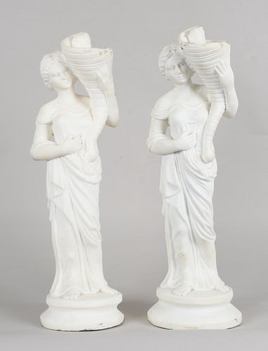 Pair of Carved Marble Classical Maidens