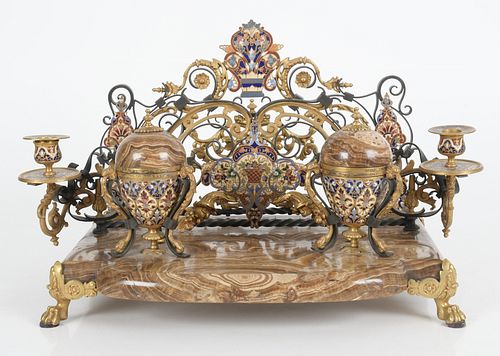 A Large Marble, Bronze and Champleve Inkstand
