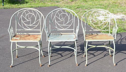 Three Vintage Wrought Iron Garden Armchairs