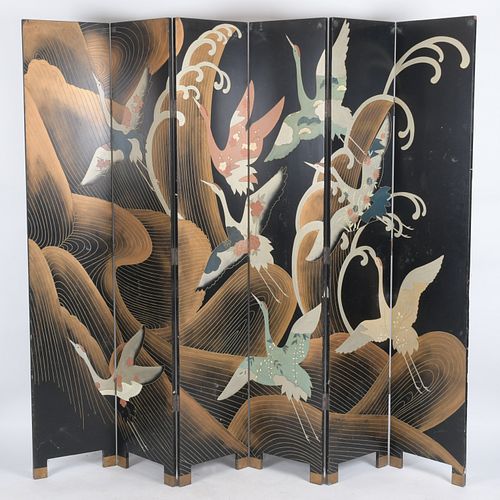 Chinese Black Lacquer Six Fold Floor Screen