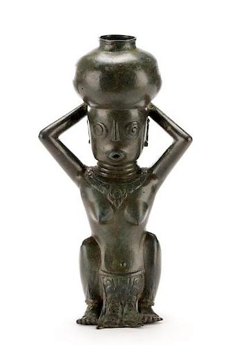 African Cast Bronze Crouching Fertility Sculpture
