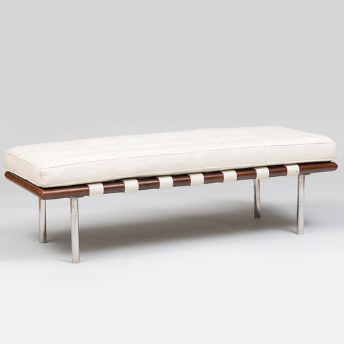 Modern Stained Wood Stainless Steel and Ivory Leather Upholstered 'Barcelona' Bench, In the Style of Mies Van Der Rohe