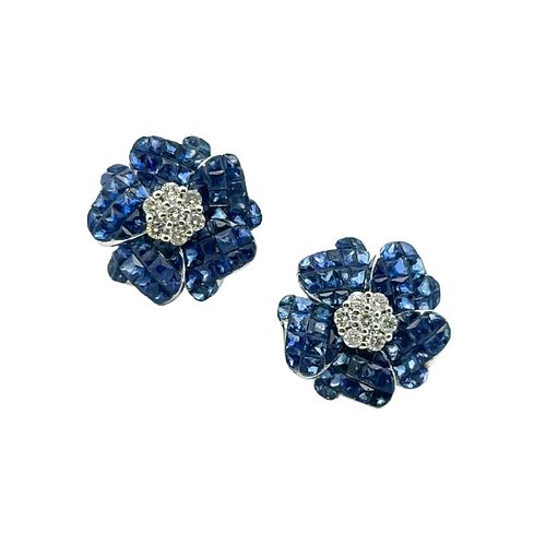 18k Gold Flower Earrings with Diamonds & Sapphires