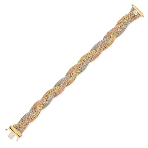 AN ITALIAN BRAIDED TRICOLOURED WOVEN BRACELET in 18ct yellow, rose and white gold, comprising thr...
