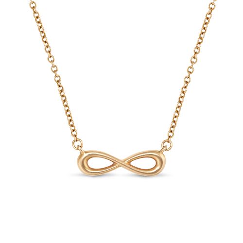 TIFFANY & CO., AN INFINITY PENDANT NECKLACE in 18ct gold, comprising an infinity motif on a trace...