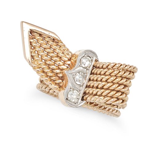 A VINTAGE DIAMOND BELT RING in 18ct yellow gold, designed as a belt made of twisted ropework, the...
