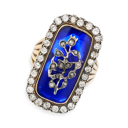 AN ANTIQUE DIAMOND AND ENAMEL RING the face set with blue enamel with an applied floral motif set...