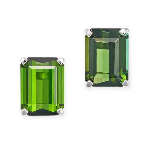 A PAIR OF GREEN TOURMALINE STUD EARRINGS in 18ct white gold, each set with an octagonal step cut ...