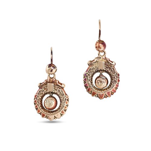 A PAIR OF ANTIQUE DROP EARRINGS each comprising a hoop engraved with foliate design suspending an...