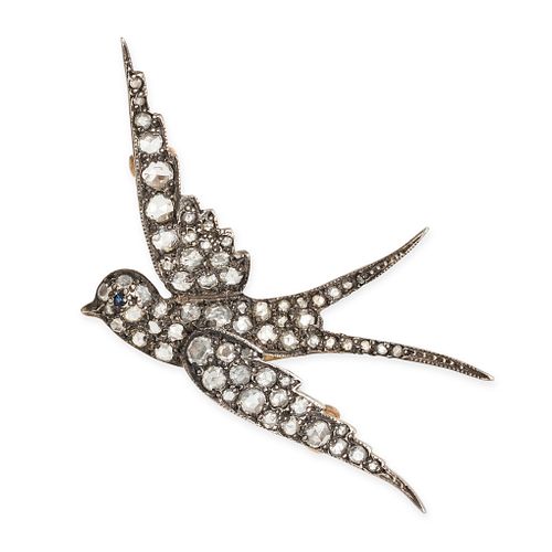 AN ANTIQUE DIAMOND AND SAPPHIRE SWALLOW PENDANT designed as a swallow in flight set throughout wi...