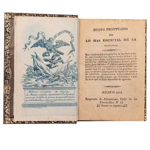 Nuevo Prontuario de lo Más Esencial de la Ordenanza. Méjico: 1832. Un grabado "Escudo de Armas de la Cd. de México", por Montes de Oca