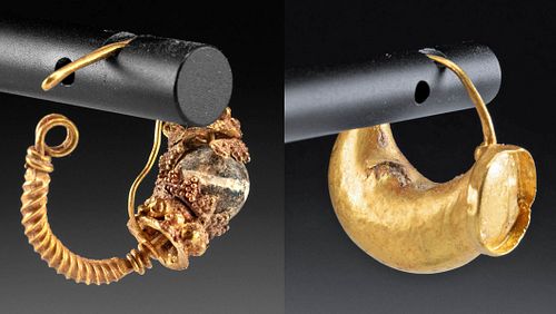 Greek Gold Boat Earring & Roman Earring w/ Glass Bead