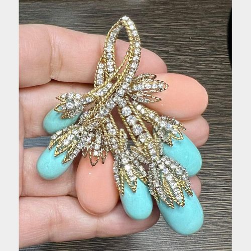 1970â€™s 18K Coral, Turquoise, and Diamond Brooch