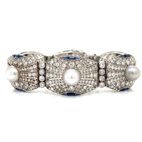 Incredible Art Deco Platinum Diamond, Natural Pearl, and Sapphire Bracelet