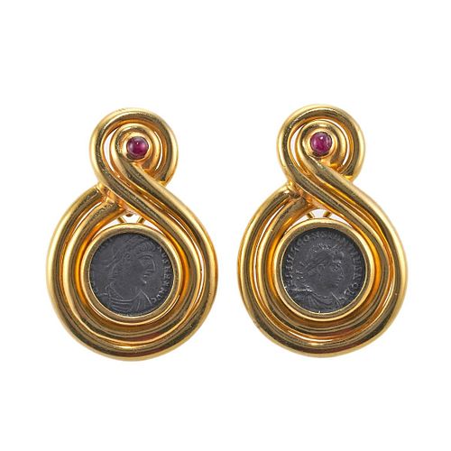 18k Gold Ancient Coin Ruby Earrings