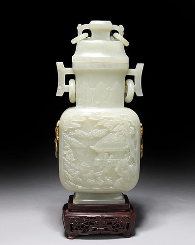 Antique Chinese Carved Celadon Jade Covered Vase
