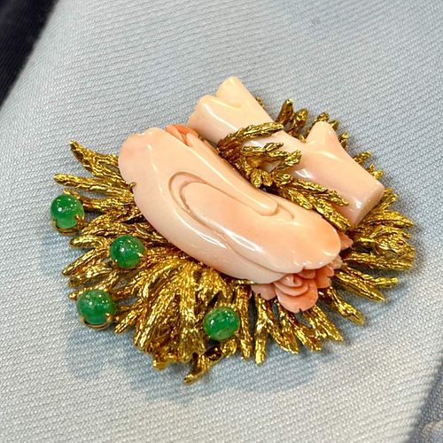 18K Yellow Gold Coral & Emerald Brooch