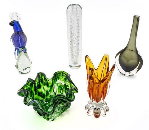 Art Glass Vases, Bowl & Figurine, Feat. Murano & Orrefors, Ca. 1960, H 13'' Dia. 3'' 5 pcs