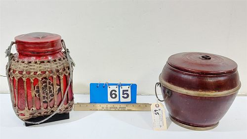 LOT 2 CHINESE WOODEN FOOD VESSELS 11-1/2"H X 8-1/2" DIAM AND 9"H X 10-1/2" DIAM