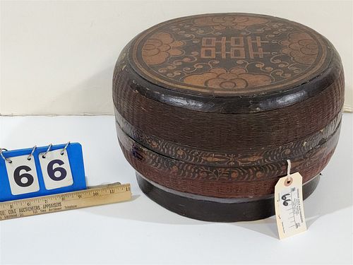 CHINESE LACQUER AND STRAW COVERED FOOD BX 9"H X 13-1/2"DIAM