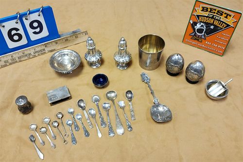 TRAY STERL 3.87 OZT AND SILVERPLATE PR TIFFANY SALT/ PEP, HOLLAND AMERICA LINE SALT/PEP, BLACKSTARR AND FROST GULF SHOT CUP ETC