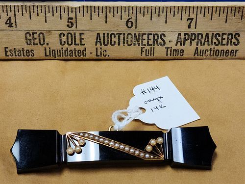 ONYX AND 14K BAR PIN/PENDANT W/SEED PEARLS 3" X 1/2"
