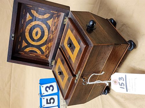 EARLY 19TH C INLAID ROSEWOOD TEA CADDY 7-1/2"H X 8-1/4"W X 5-1/2"D