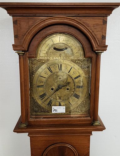 ANTHONY WARD WALNUT TALL CASE CLOCK 1724 90"H X 20"W X 10-1/2"D REPLACED DOOR HINGES WORKS HAVE TO RE-ASSEMBLED