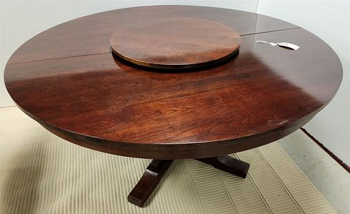 SICKLEY MISSION STYLE CHERRY DINING TABLE 62" DIAM. W/3 15" LEAVES AND 26" DIAM LAZY SUSAN