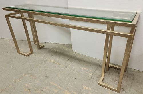 SILVER GILT METAL CASE BEVELLED GLASS TOP CONSOLE TABLE 32'H X 6'2" X 18"D