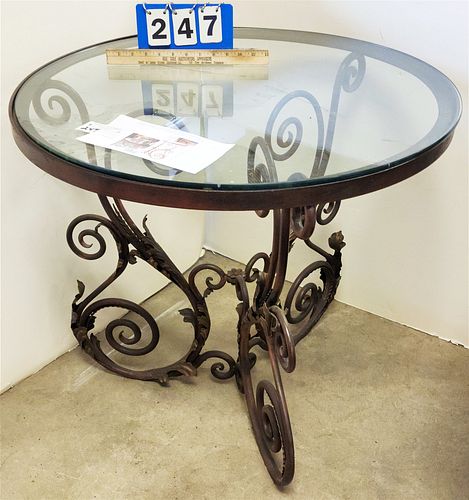 WROUGHT ACANTHUS TABLE W/GLASS TOP MADE BY ARROWSMITH FORGE 28-1/2"H X 30' DIAM